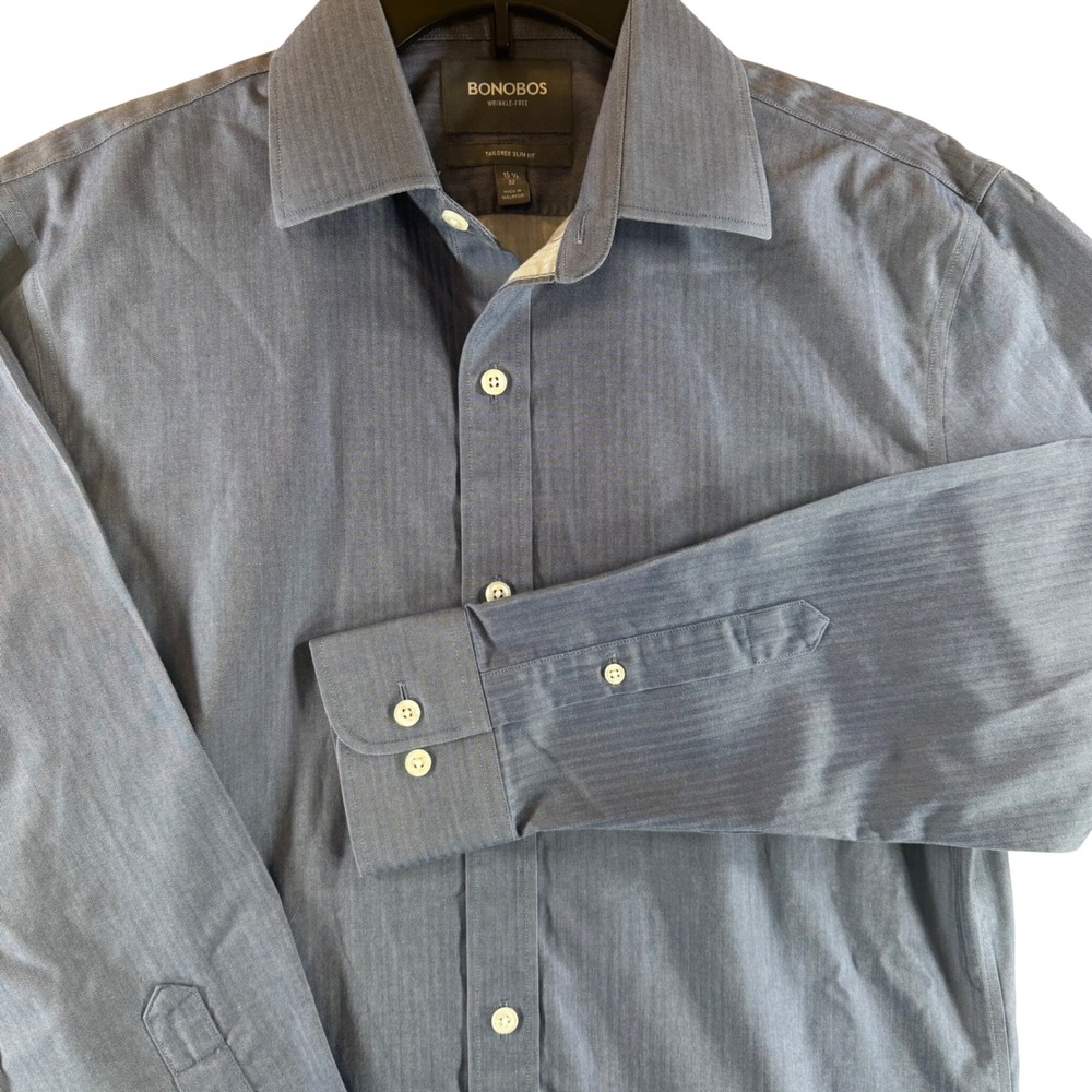 Bonobos Herringbone Dress Shirt 15.5 32 Wrinkle-Free Blue Tailored Slim Fit